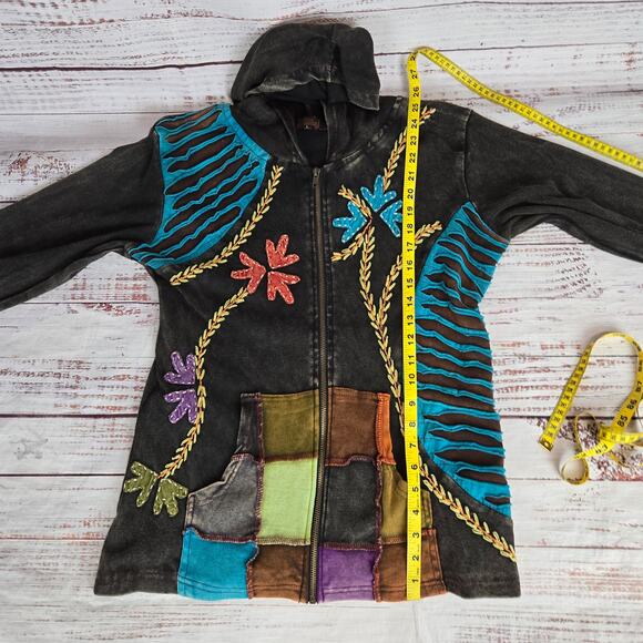 Rising International Zip up Hoodie Jacket L Patchwork Nepal Sage Multi Geo Boho - Picture 7 of 9
